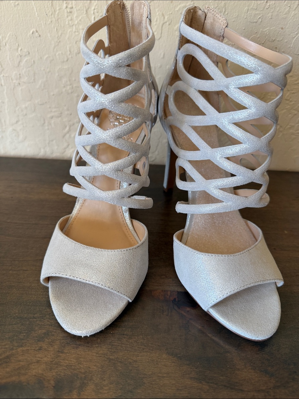 Vince Camuto Silver Glitter Crisscross High Heel Sandals (NWOB)
